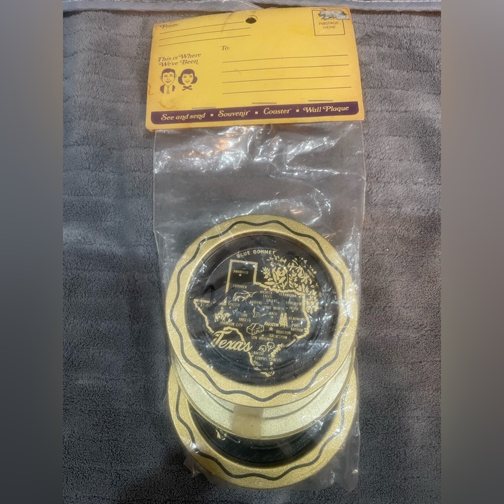 Vintage Texas State Round Metal Souvenir Coasters Ashtrays Black Gold 3.5" Set/4